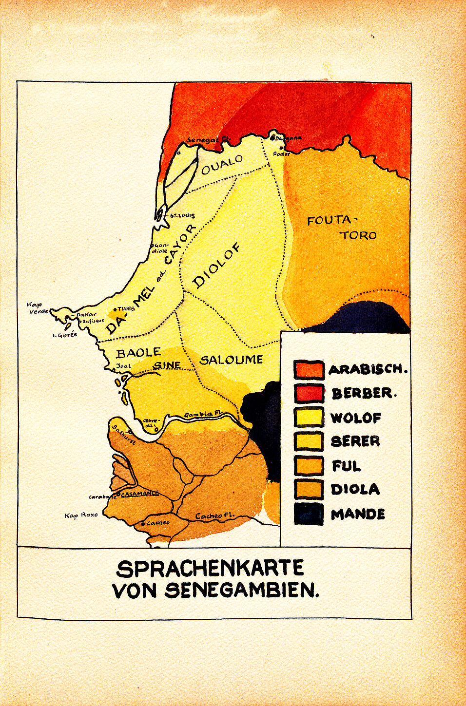 Handgezeichnete Karte von Walter Pichl mit dem Titel "Sprachenkarte von Senegambien"