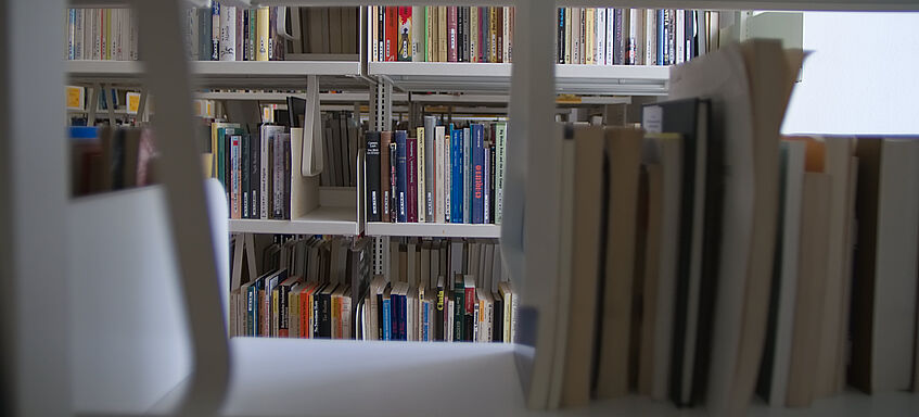 Fachbereichsbibliothek Afrikawissenschaften. Blick durch ein Regal auf ein anderes Regal mit Bücher.