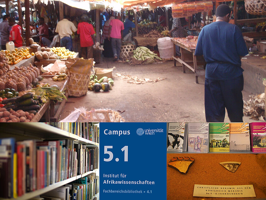 Das Bild ist viergeteilt. Oben sieht man eine Marktszene auf Zanzibar, viele Früchte und Gemüse, Menschen die einkaufen und herumgehen. Unten links ein Bücherregal der Fachbereichsbibliothek. In der Mitte das blaue Eingangsschild vom Institut für Afrikawissenschaften. Und rechts die Stichproben und ein paar Scherben aus Nubien.